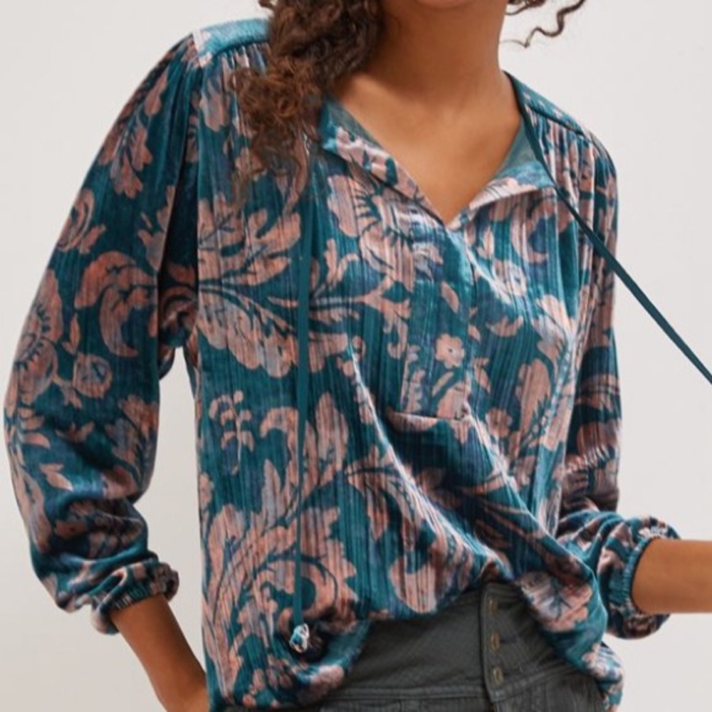 Anthropologie Faustino Velvet Peasant Blouse Old World Elegant Pastoral Floral - Picture 2 of 11